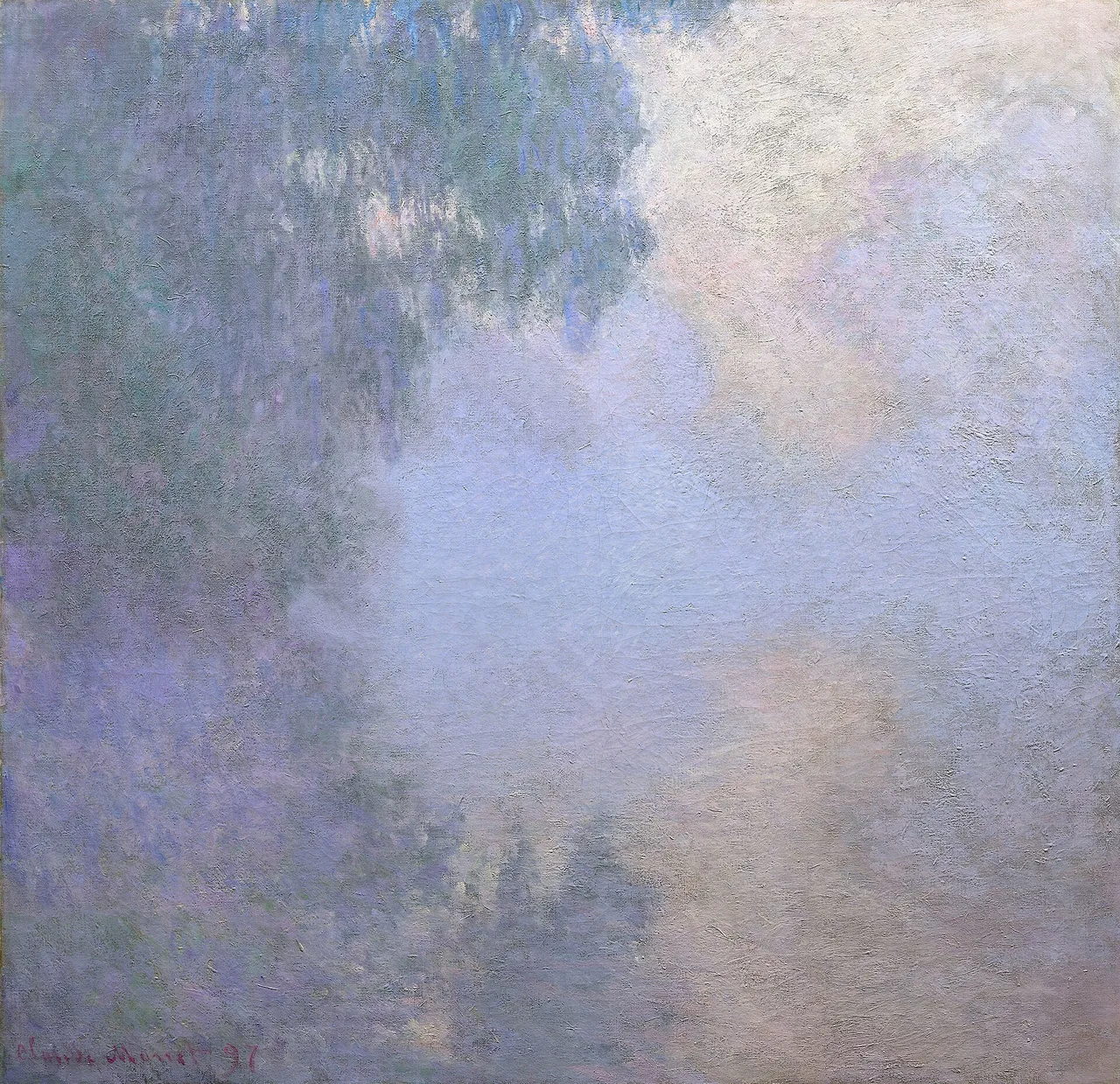Painting of a river in the morning mist: on the left, hazy blue-green trees reflected in the water; on the right and in the centre, an almost uniform light expanse of mist in lilac, blue and pink.