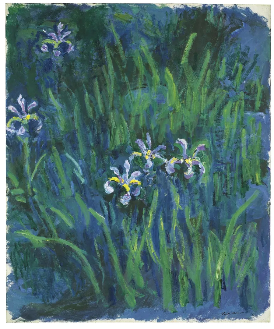 Upright painting of long green leaves against a dark blue background, with a few light purple irises with yellow centres among them.