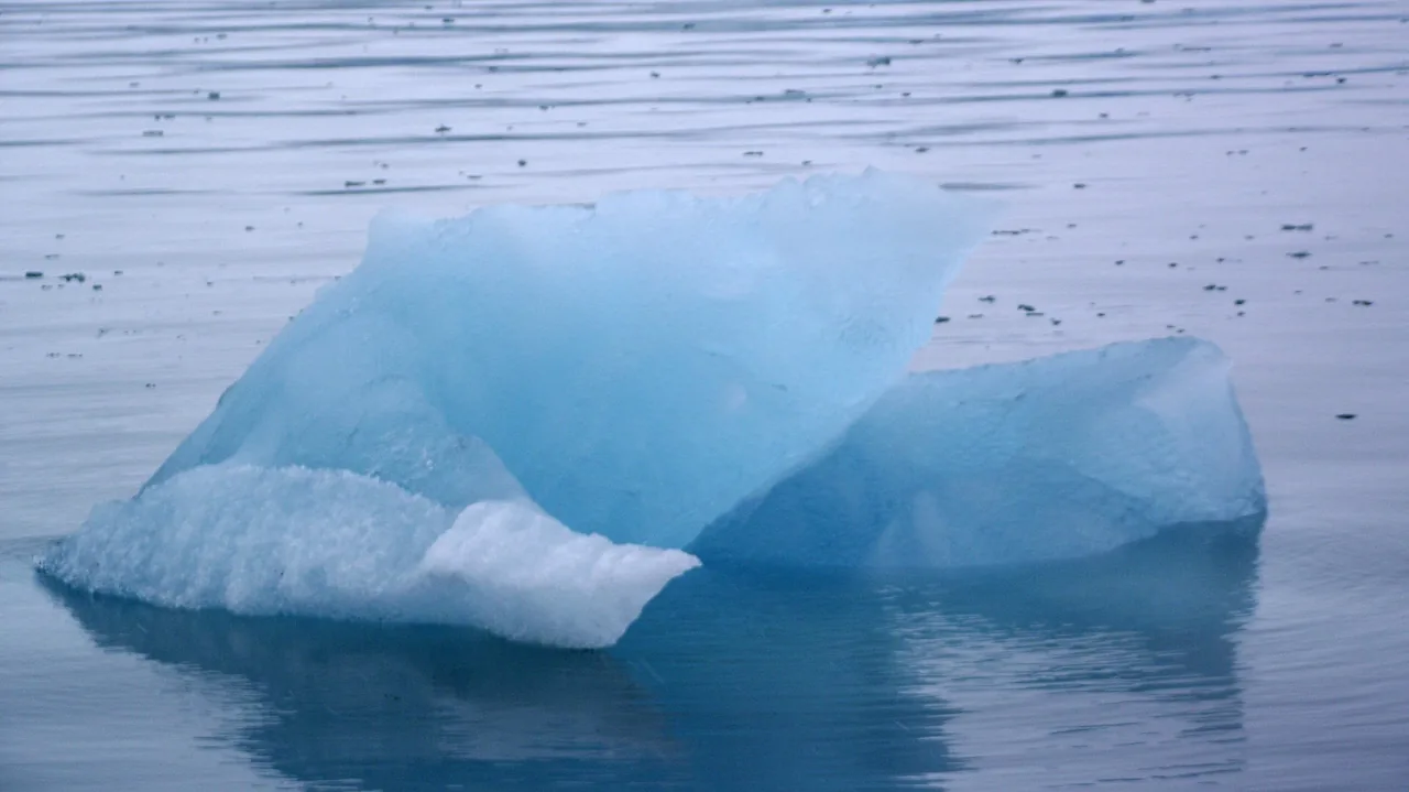 A large, light-blue piece of ice with a white, granular edge floats in glassy water that mirrors the shape of the ice.
