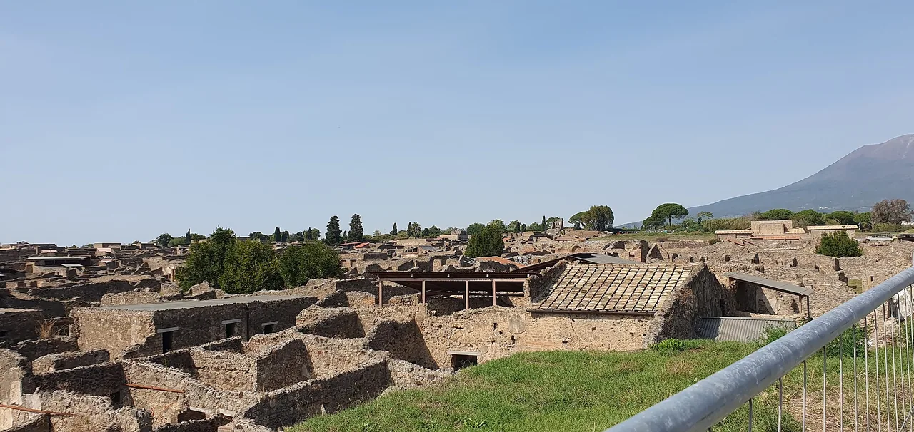 A plain full of low, roofless stone walls; modern shelters stand above some of the rooms. Trees in the background and, on the right, the flank of Vesuvius.
