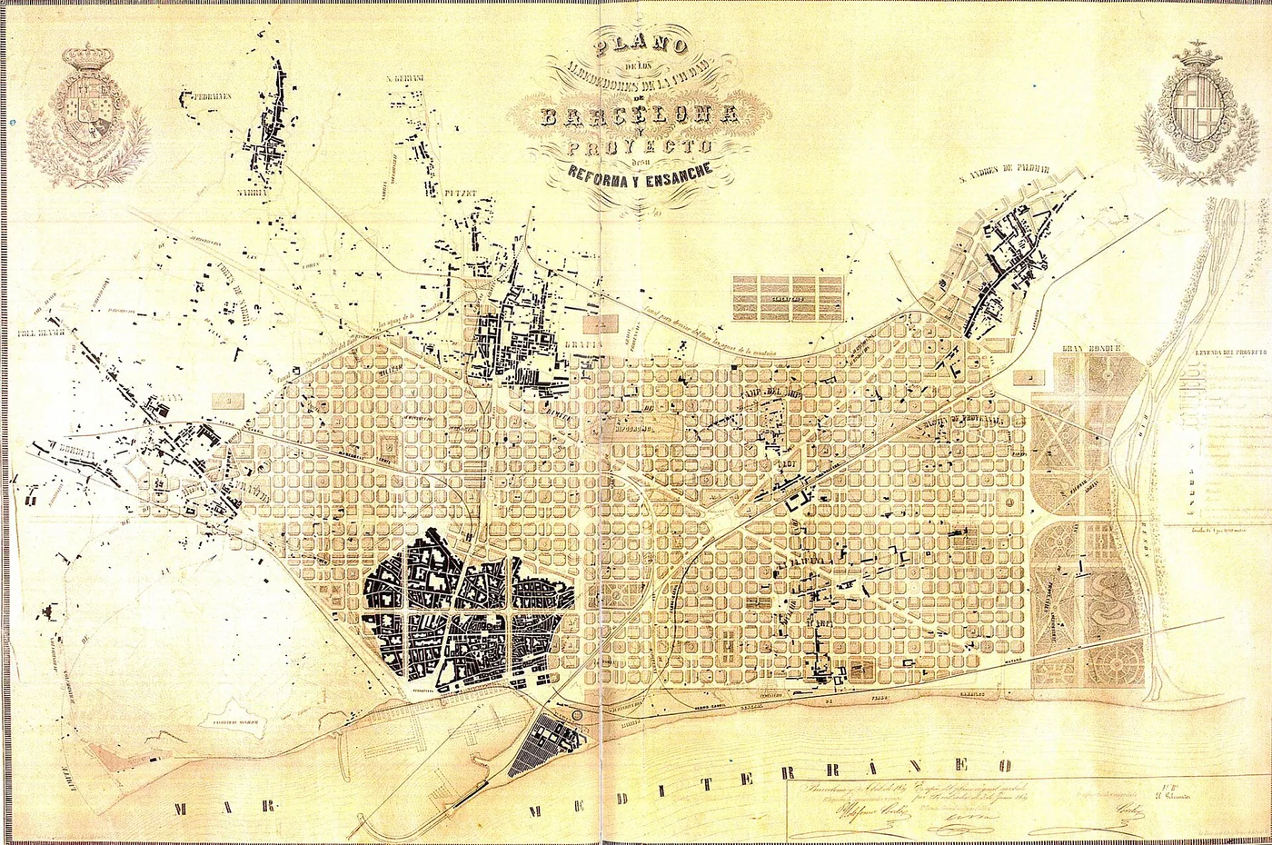 Enlargement map of Barcelona. Map of the neighborhoods of the city of Barcelona and project for its improvements and enlargement, 1859.
