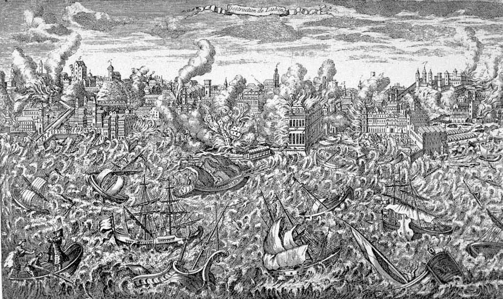 Lisbon, Portugal, during the great earthquake of 1 November 1755. This copper engraving, made that year, shows the city in ruins and in flames. Tsunamis rush upon the shore, destroying the wharfs. The engraving is also noteworthy in showing highly disturbed wa