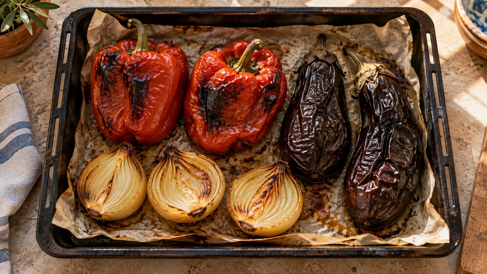 Whole roasted peppers and collapsed aubergines with halved onions on a baking tray.
