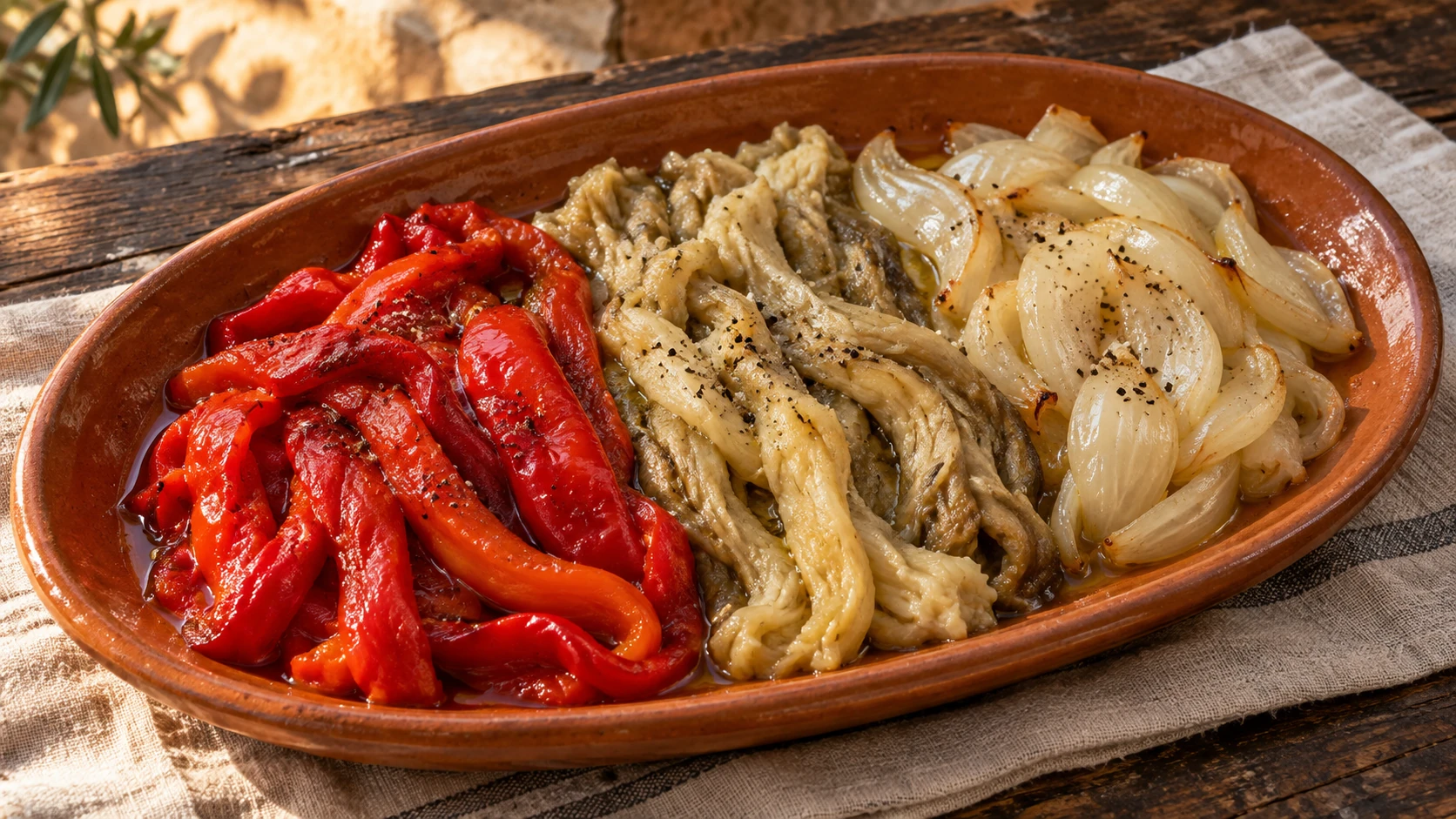 Wide strips of peeled roasted red pepper and aubergine with soft onion and olive oil.