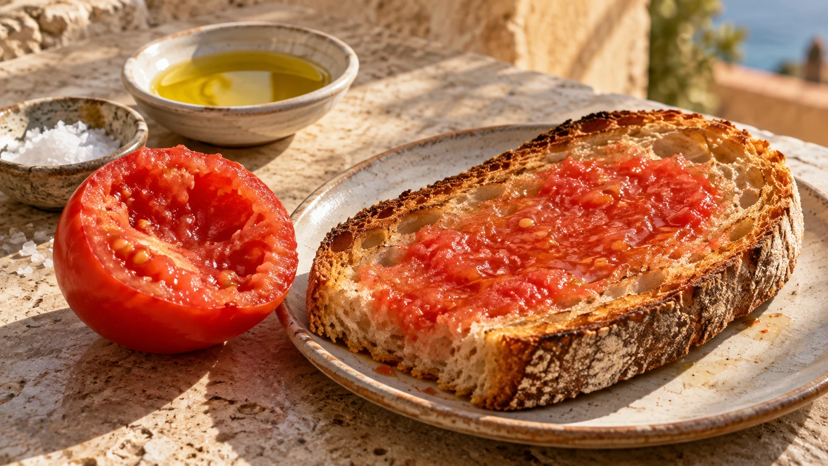 Half a ripe tomato beside one toasted slice with tomato pulp rubbed into it.