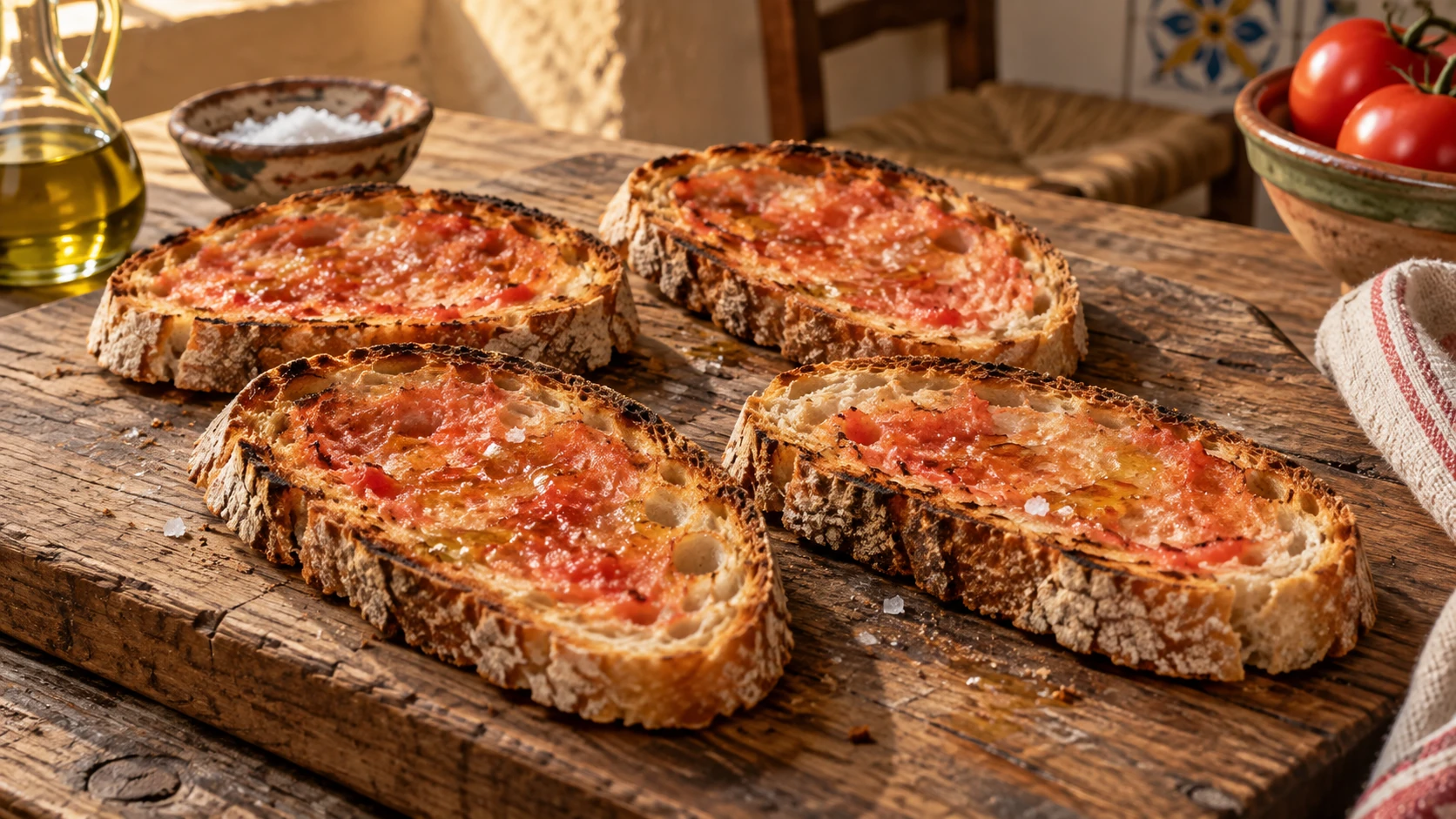 Four toasted slices of country bread rubbed with red tomato pulp, oil and salt; no tomato slices.