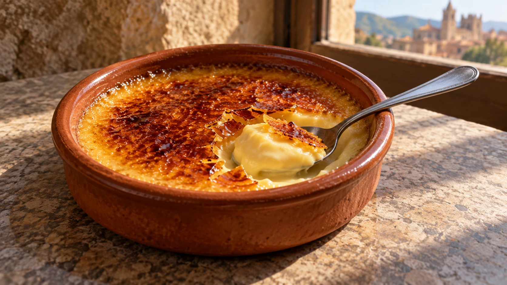 A spoon breaks through the thin caramel crust to reveal soft pale-yellow custard underneath.
