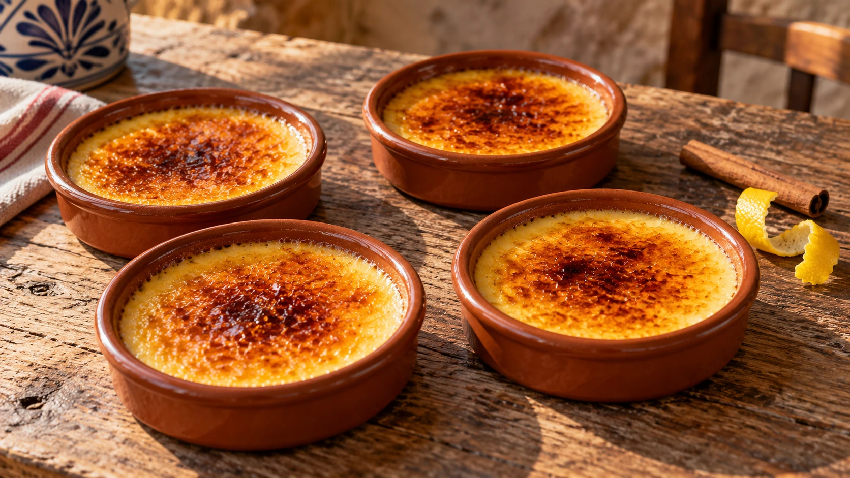 Four small shallow dishes of crema catalana with a thin amber sugar crust.