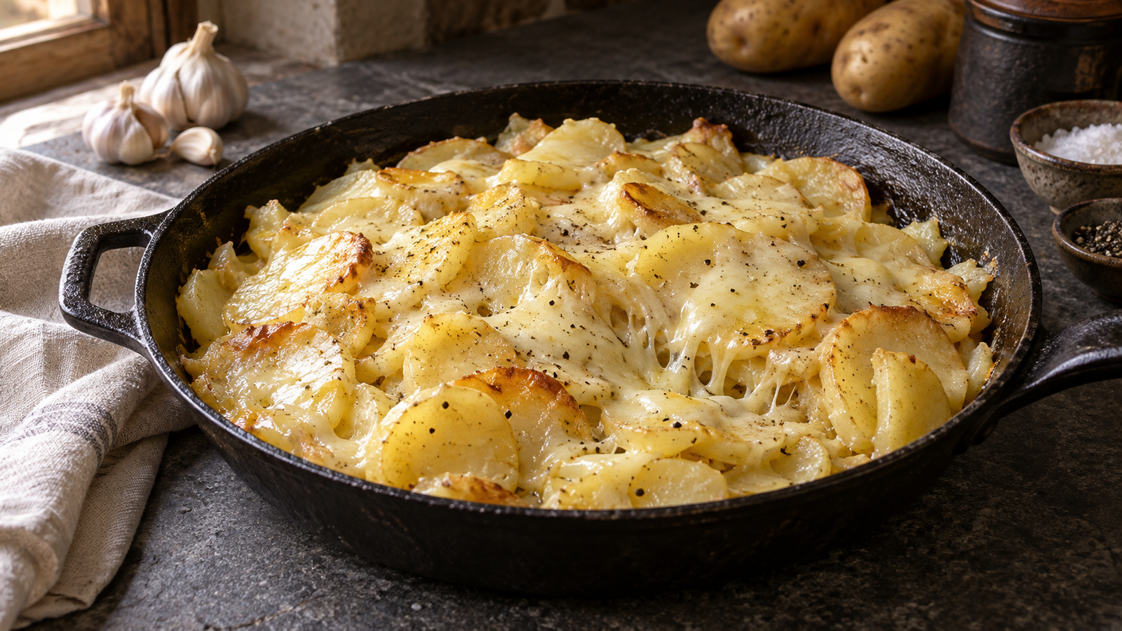 Truffade in a dark pan: cooked potato slices bound together with pale melted cheese.