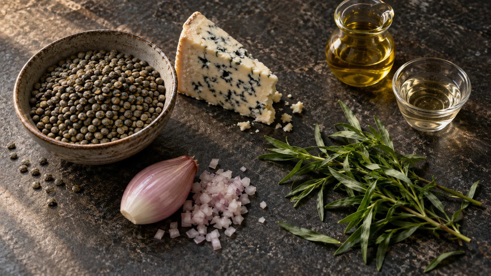 Ingredients for lentil salad: dried green lentils, Bleu d’Auvergne, shallot, tarragon, oil and white wine vinegar.