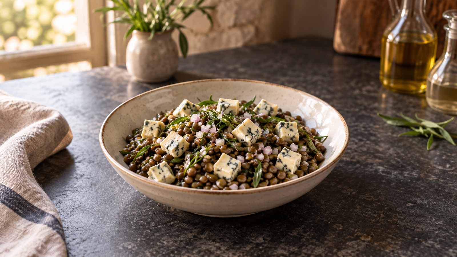 Green lentil salad with small cubes of blue-veined cheese, shallot and finely chopped tarragon.