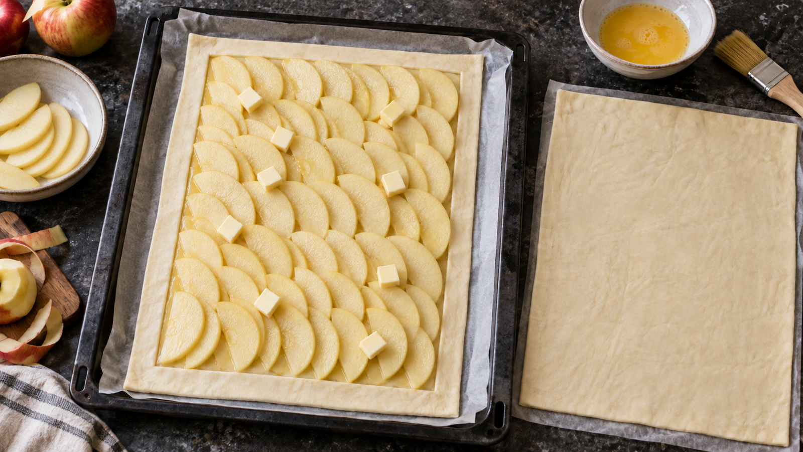 Preparing pompe aux pommes: thin apple slices on the bottom pastry sheet with a clear border, beside the second sheet.
