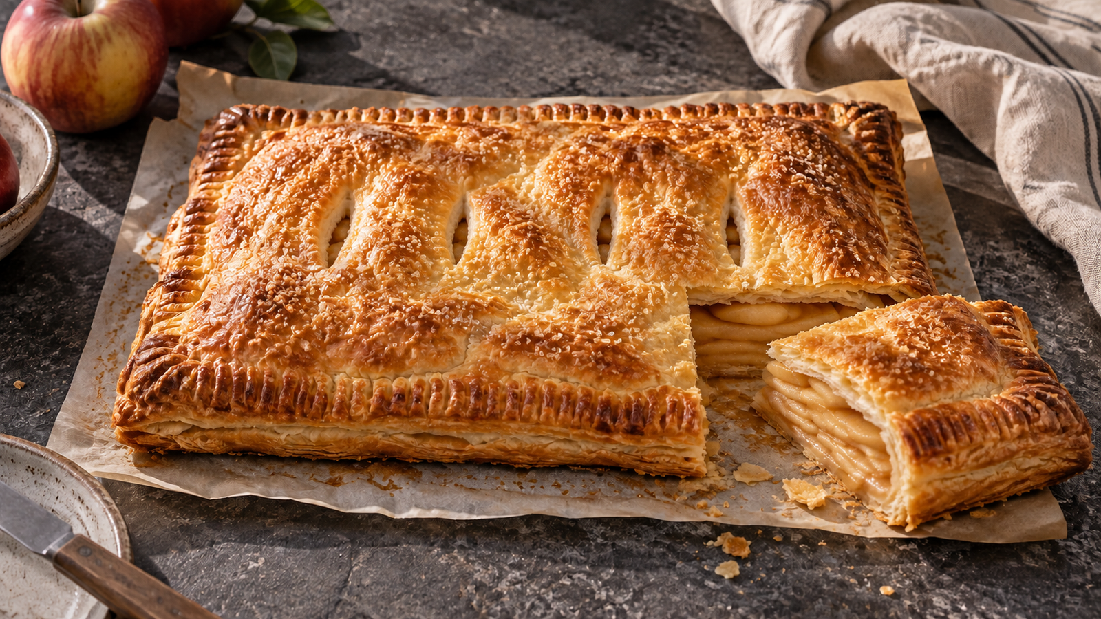 A rectangular, closed, golden-brown pompe aux pommes, with one cut piece showing the apple inside.